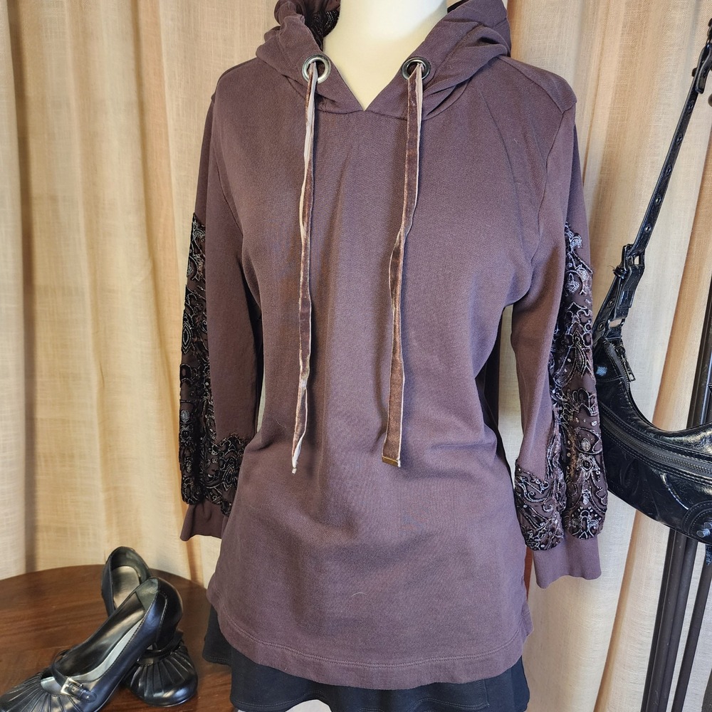 Soft Surroundings Chocolate Brown Paisley Velvet Sleeve Hoodie L Boho Y2K Tunic